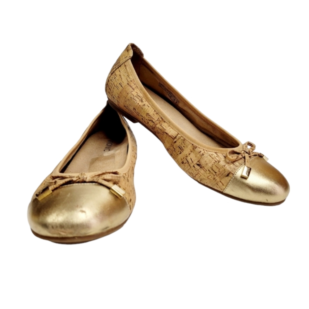 Vionic Minna Leather Gold Toe Cork Slip On Ballet Flats Shoes Size 10
